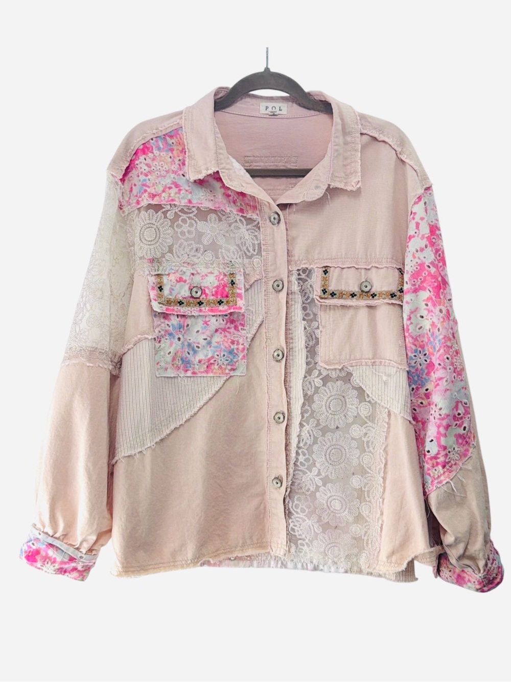 POL Pink Patchwork Lace Button-Front Jacket - Picture 2 of 8